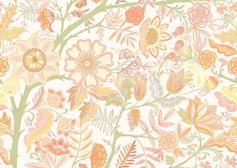 Seamless pattern with stylized ornamental flowers in retro, vintage style. Vector illustration in soft colors