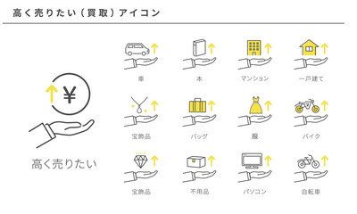 Fototapeta premium いろいろな高く売りたいアイコンのシンプルなアイコンセット、黄色とグレー、ベクター