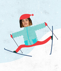 Modern design, contemporary art collage. Inspiration, idea, magazine style. Young girl wearing warm winter clothes skiing
