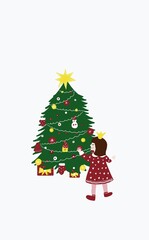 christmas tree and decorations, christmas tree and girl, happy new year card