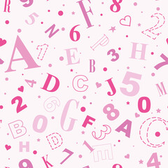 Numbers and letters. Background in pink, vector seamless pattern.