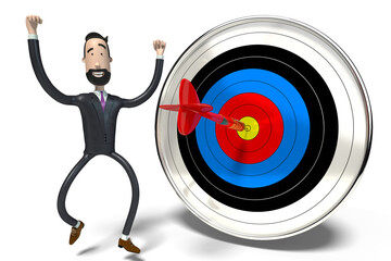 Hipster cartoon businessman and dartboard - success concept - 3D illustration