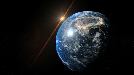 Earth Day , winter solstice , sun rises over highlighted usa map, view from space 3d illustration