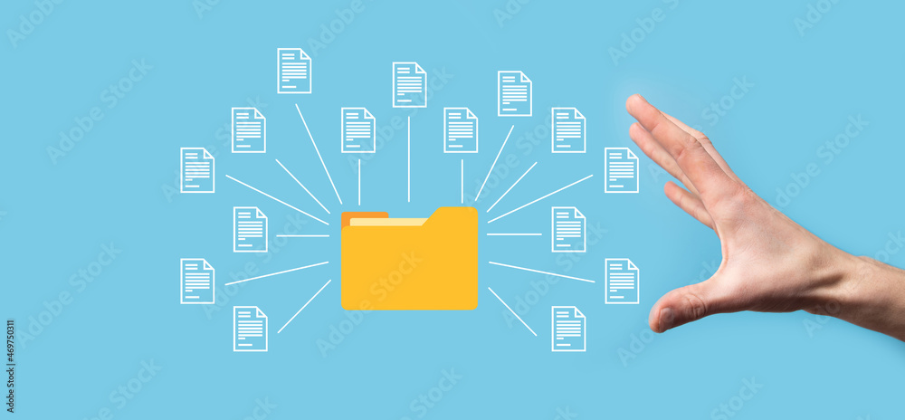 Wall mural document management system dms .businessman hold folder and document icon.software for archiving, se