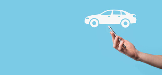 Digital composite of Man holding car icon.Car automobile insurance and car services concept....