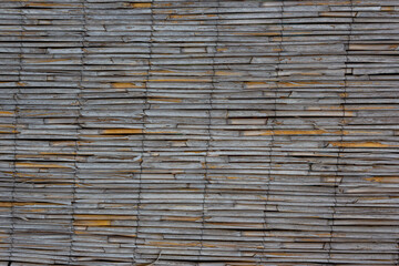 Old bamboo fence made of thin grey bamboo sticks for nature background and web design