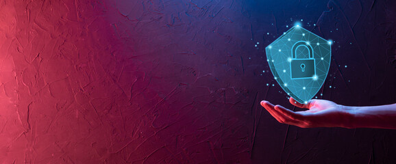 Businessman hold low poly polygon shield with a padlock icon.Secure Access System Concept.Business Financial Warranty for Investment.antivirus concept.Technology security.Protection network,safe data.