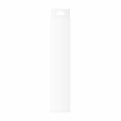 White high vertical packaging box with hang tab. Realistic blank empty box. Front view. Mockup template design. Retail product package. 3d Vector illustration