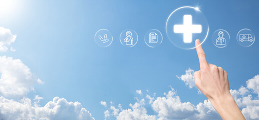 Businessman hold virtual plus medical network connection icons. Covid-19 pandemic develop people...