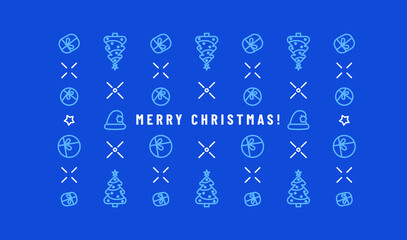 Celebrational vector banner. Merry Christmas text on deep blue background with various festive icons in a rows. Christmas tree and gifts. Creative image concept for social media, website or print.