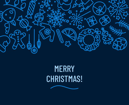 Christmas vector banner. Merry Christmas text on deep blue background with various festive icons above. Creative image concept for social media, website or print.
