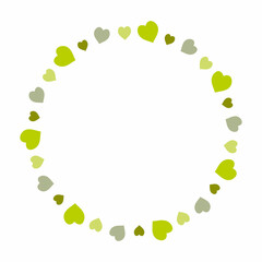 Round frame with green hearts on white background. Vector image.