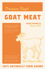 Premium Finest Goat Steak. Abstract Vector Meat Packaging Product Label Design. Retro Typography and Hand Drawn Goat Sketch Silhouette Background Layout