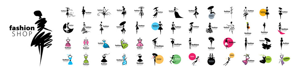A set of vector logos with painted female figures in fashionable dresses