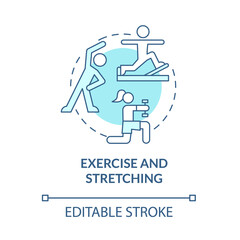 Exercise and stretching blue concept icon. Risk of arthritis reduction abstract idea thin line illustration. Prevent joints diseases. Vector isolated outline color drawing. Editable stroke