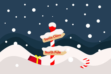 The north pole pointer. The pointer of Santa's house in the snow, the pole pointer. A gift in the snow, a winter landscape. Christmas Flat Illustration. Vector illustration