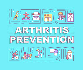 Fototapeta na wymiar Arthritis prevention word concepts banner. Active and healthy lifestyle. Infographics with linear icons on blue background. Isolated creative typography. Vector outline color illustration with text