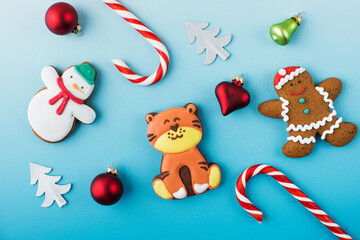 Composition of Christmas tree baubles gingerbread and candy canes on blue banner