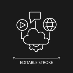 Cloud computing white linear icon for dark theme. Files storage. Computing services delivering. Thin line customizable illustration. Isolated vector contour symbol for night mode. Editable stroke