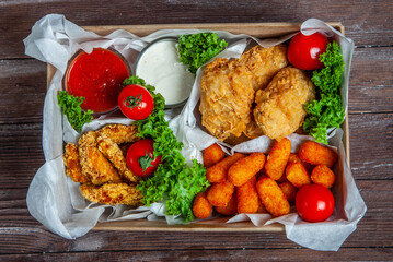 Business lunch in paper container ready for delivery. Top view. Office Lunch boxes with food ready to go. Food takes away. 