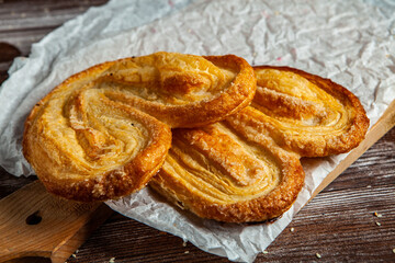 Palmier biscuits, cookies also called palm leaves, elephant ears or french hearts