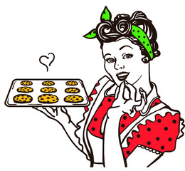 Retro smiling housewife cooking chocolate chip cookies in hands. Pin up vector color graphic illustration woman in the kitchen isolated on white