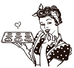 Retro smiling housewife cooking chocolate chip cookies in hands. Pin up vector color graphic illustration woman in the kitchen isolated on white - 469754950