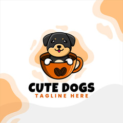 cute dog character logo design playing on cup