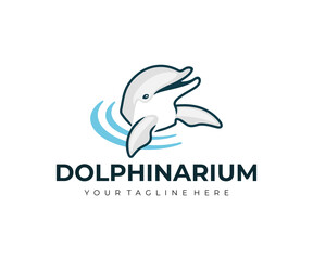 Dolphinarium, dolphin in water and waving its fins, logo design. Animal, fish, sea life and underwater world, vector design and illustration © artsterdam