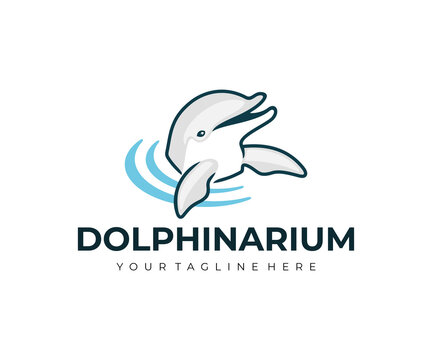 Dolphinarium, dolphin in water and waving its fins, logo design. Animal, fish, sea life and underwater world, vector design and illustration