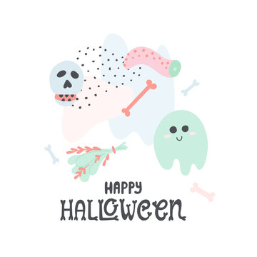 Happy Halloween greeting illustration. Cute doodle drawings of ghost, scull and abstract shapes in pastel colors. Pretty trendy Halloween decoration. Vector isolated on white background.
