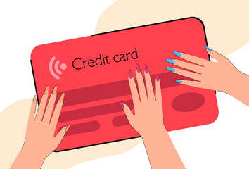 Female hands with painted nails touching giant credit card. People using card for payment flat vector illustration. Finances, shopping, commerce concept for banner, website design or landing web page