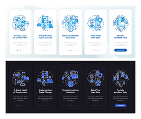 Social business benefits dark, light onboarding mobile app page screen. Walkthrough 5 steps graphic instructions with concepts. UI, UX, GUI vector template with linear night and day mode illustrations