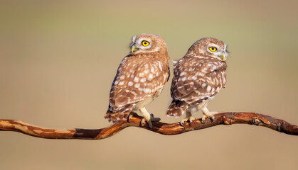 Little owls. (Athene noctua). Nature background. 