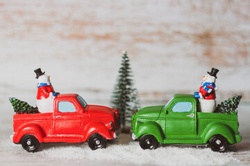 Snowman Figures with christmas cars