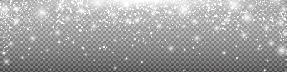 Snow fall long background. Merry Christmas snowflakes overlay. Winter snowfall effect. Frost storm pattern. Glitter dust texture. Happy New Year card decoration. Blizzard frame. Vector illustration