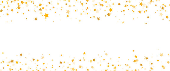 Glitter golden stars frame on white background. Luxury elegant design elements. Gold shooting stars border. Magic confetti decoration. Christmas texture. Vector illustration