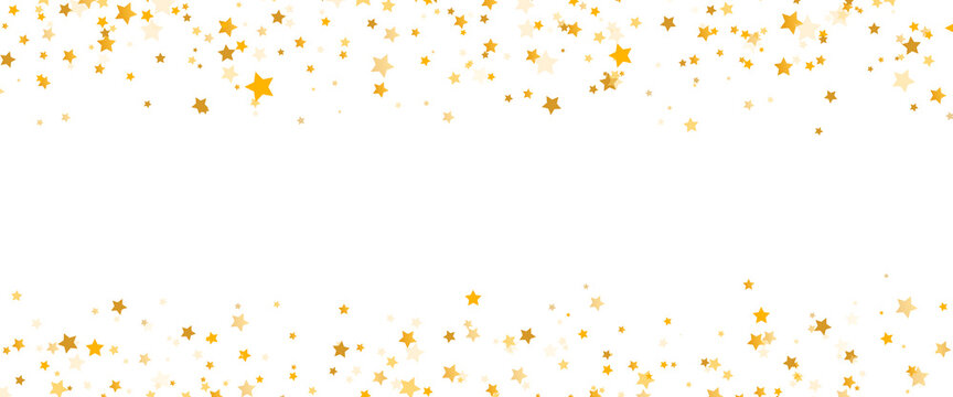 Glitter golden stars frame on white background. Luxury elegant design elements. Gold shooting stars border. Magic confetti decoration. Christmas texture. Vector illustration