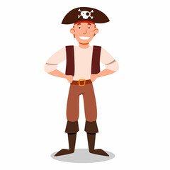 pirate character in a suit, hat, hands on the waist. vector illustration of a pirate sailor isolated on a white background