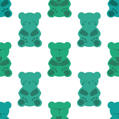 Sleep gummies vector seamless pattern background. Backdrop with gummy bears in blue, green white. Cute kawaii style characters for sleeping well, melatonin natural aid and health concept. For wellness
