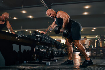 Fototapeta na wymiar Bald male bodybuilder doing exercises with dumbbells while posing in gym. Concept of bodybuilding.