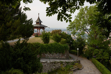 Viewpoint on Schlossberg Park hill in a summer morning, Graz, Styria, Austria