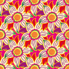 Fototapeta na wymiar Tropical six petal flower vector seamless pattern. Bright green orange, red, purple background with hand drawn flowers and leaves. Overlapping jungle plant motifs. Textural repeat for summer, vacation