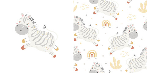 Vector seamless childish pattern with cute baby zebra  character and rainbow.Scandinavian texture for fabric, nursery, baby shower, textile, wallpaper, wrapping paper. Kids tropical animals hand drawn