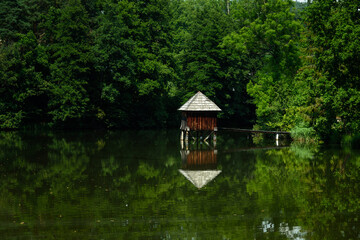 Obraz premium Wooden cabin in the calm water of a pond, Hallegg, Austria