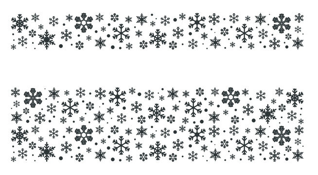 Set of borders from dark color snowflakes, isolated on white background. Rectangular winter ornament, narrow and wide. Vector illustration, flat, minimal cartoon design, isolated on white background, 