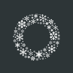 Round frame from white snowflakes, isolated on gray background. Vector illustration, flat minimal cartoon design, isolated, eps 10.