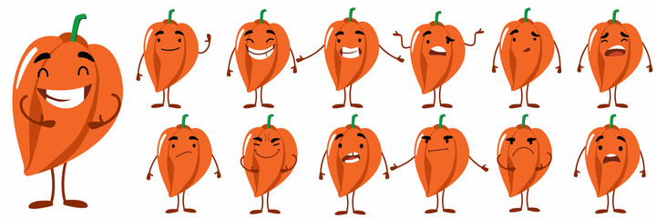 Seth is a cute orange bell pepper character with different emotions. A collection of cartoon characters-plants. Vector illustration of food products