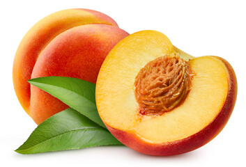 Peach with leaf isolated on white background