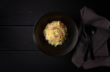 Traditional Italian dish, spaghetti carbonara, homemade, no people, top view,